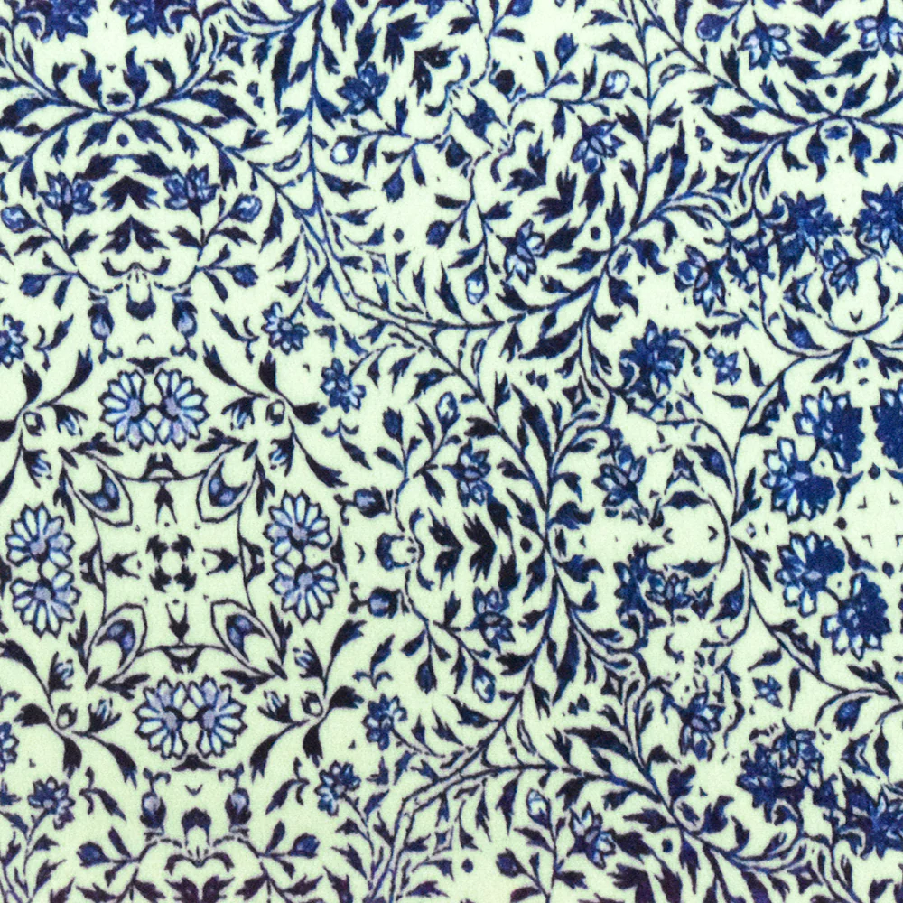 Blue-Beige Famous Designer Floral Trellis Printed Rayon Crepe Faille Fabric