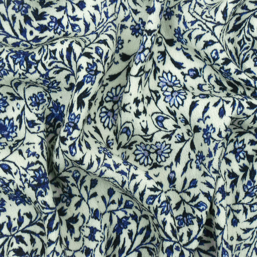 Blue-Beige Famous Designer Floral Trellis Printed Rayon Crepe Faille Fabric - Image 3