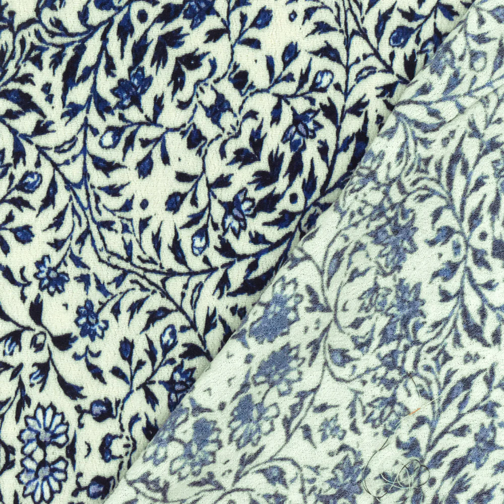 Blue-Beige Famous Designer Floral Trellis Printed Rayon Crepe Faille Fabric - Image 4