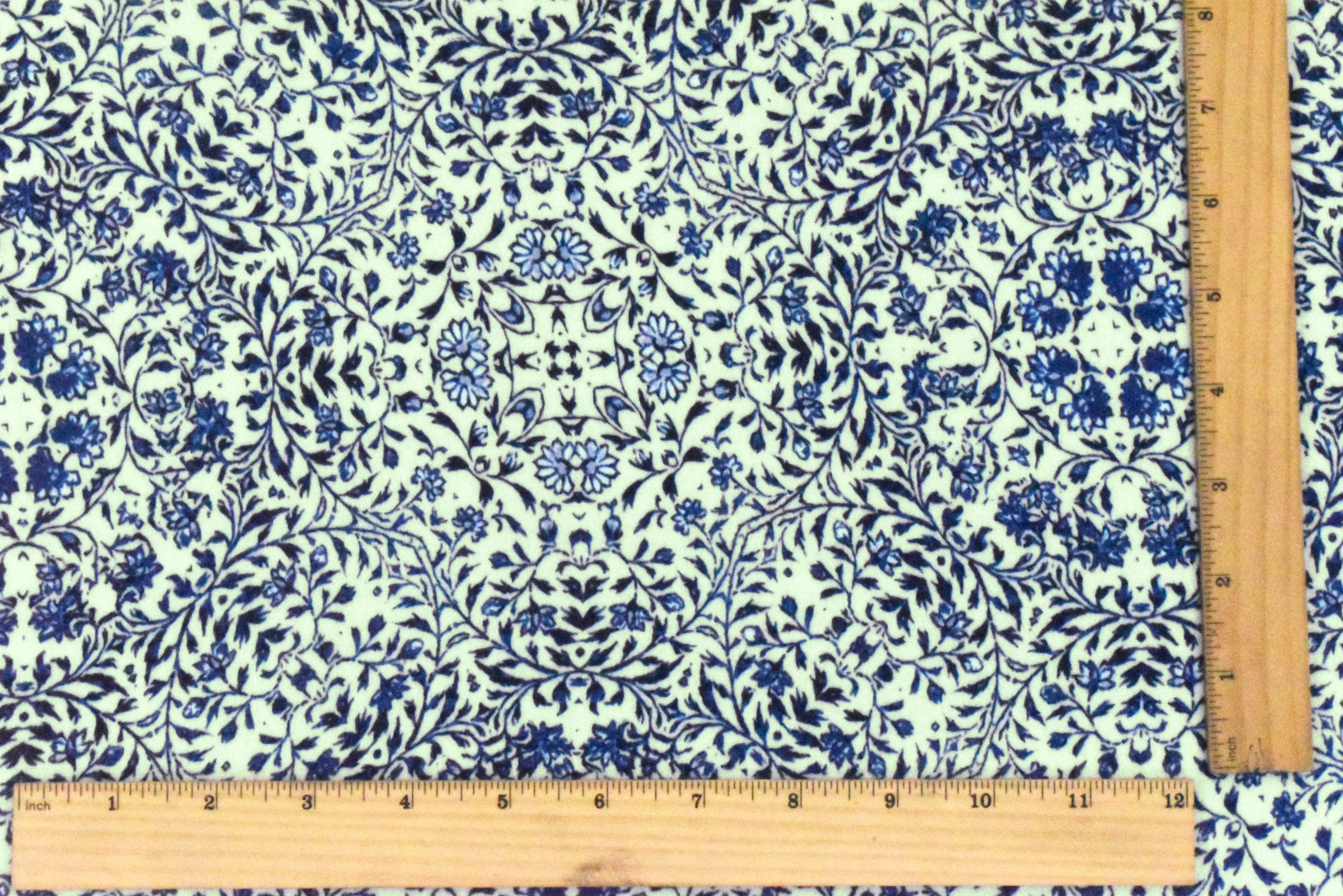 Blue-Beige Famous Designer Floral Trellis Printed Rayon Crepe Faille Fabric - Image 5