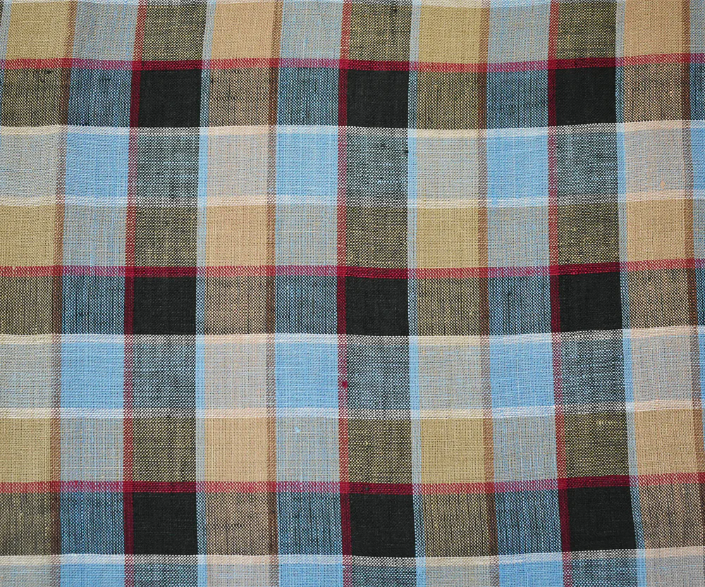 Blue-Beige-Multi Check Linen Woven Fabric - Image 4
