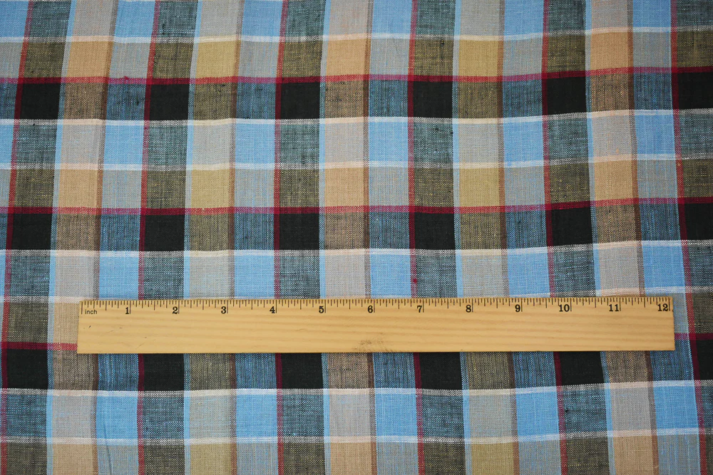 Blue-Beige-Multi Check Linen Woven Fabric - Image 5