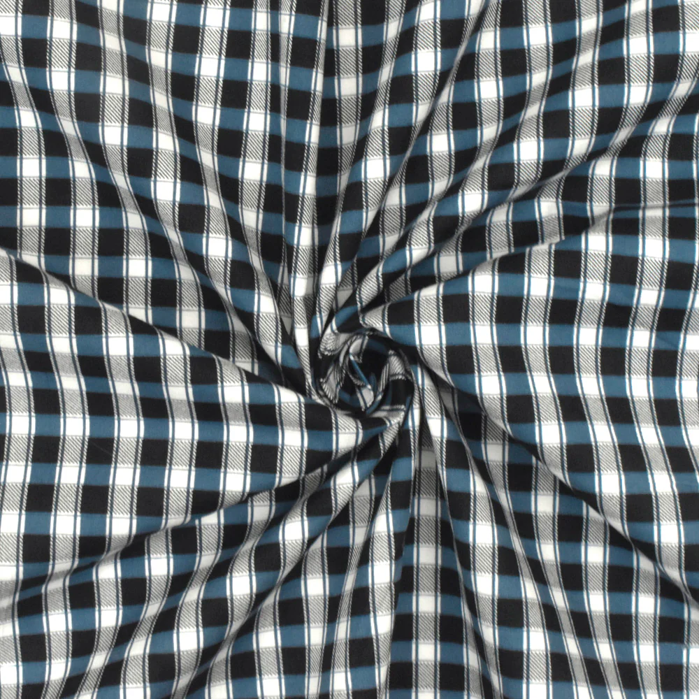 Blue-Black-Ivory Plaid Print Stretch Cotton Broadcloth Woven Fabric - Image 2
