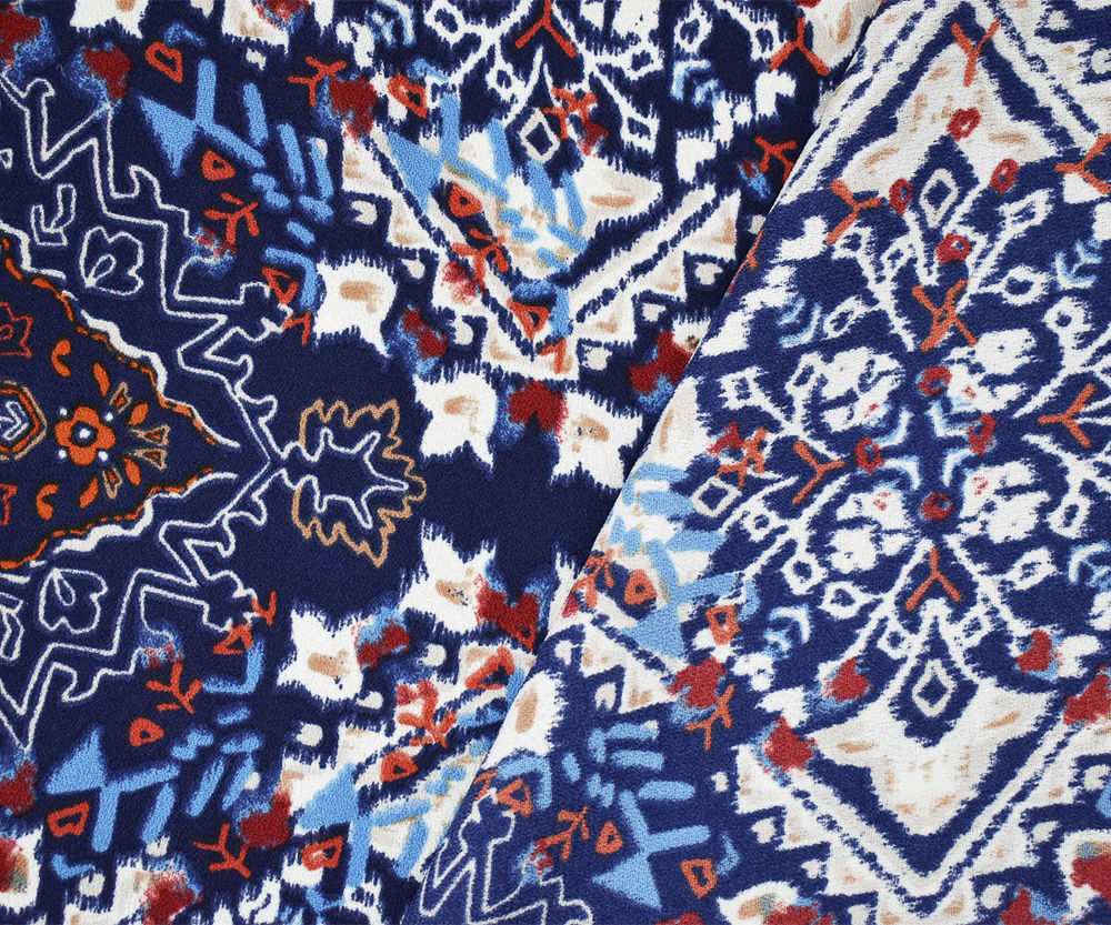 Blue-Brown-Multi Moroccan Diamond Print Poly Crepe Momie Georgette Fabric - Image 2