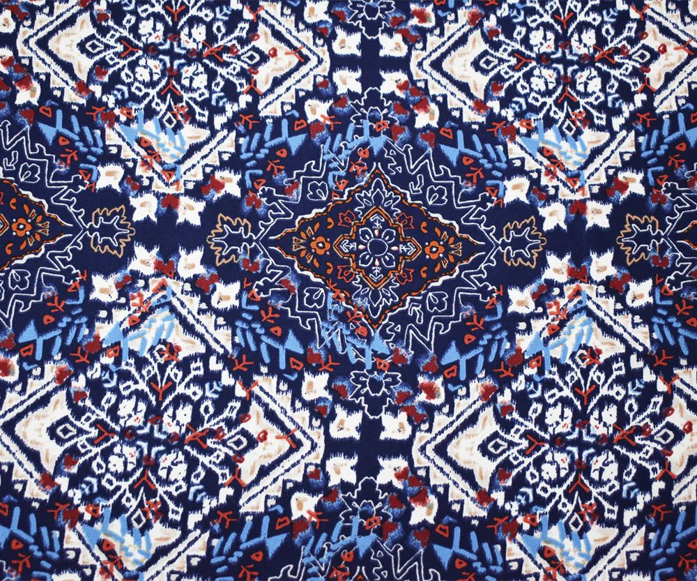 Blue-Brown-Multi Moroccan Diamond Print Poly Crepe Momie Georgette Fabric - Image 3