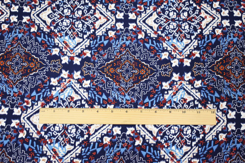 Blue-Brown-Multi Moroccan Diamond Print Poly Crepe Momie Georgette Fabric - Image 4