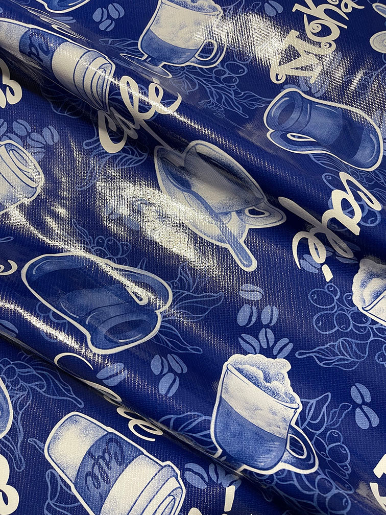 Blue Coffee Oilcloth Fabric - Reorderable - Image 3