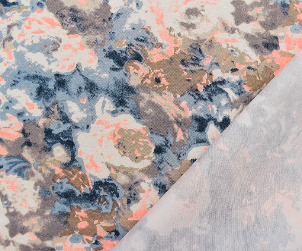 Blue-Coral-Multi Abstract Floral Print Stretch Spandex Twill Sateen Fabric - Image 2