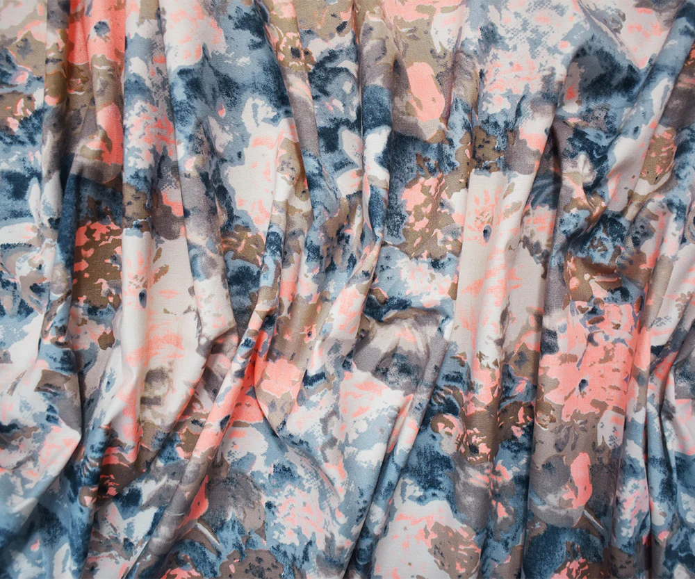 Blue-Coral-Multi Abstract Floral Print Stretch Spandex Twill Sateen Fabric - Image 3