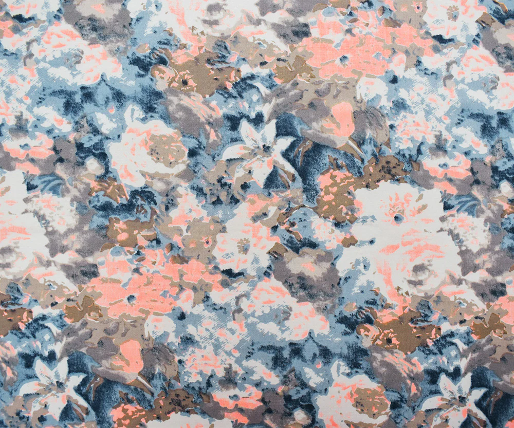 Blue-Coral-Multi Abstract Floral Print Stretch Spandex Twill Sateen Fabric - Image 4