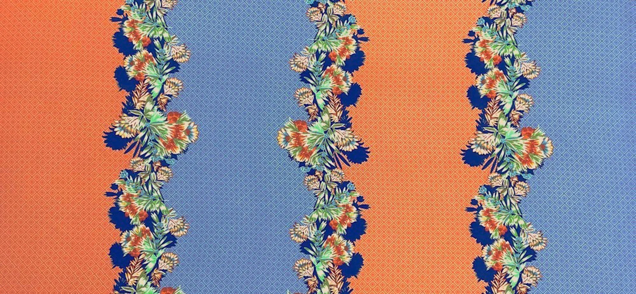 Blue-Coral-Multi Poly Border Floral Diamond Printed Crepe Woven Fabric - Image 2