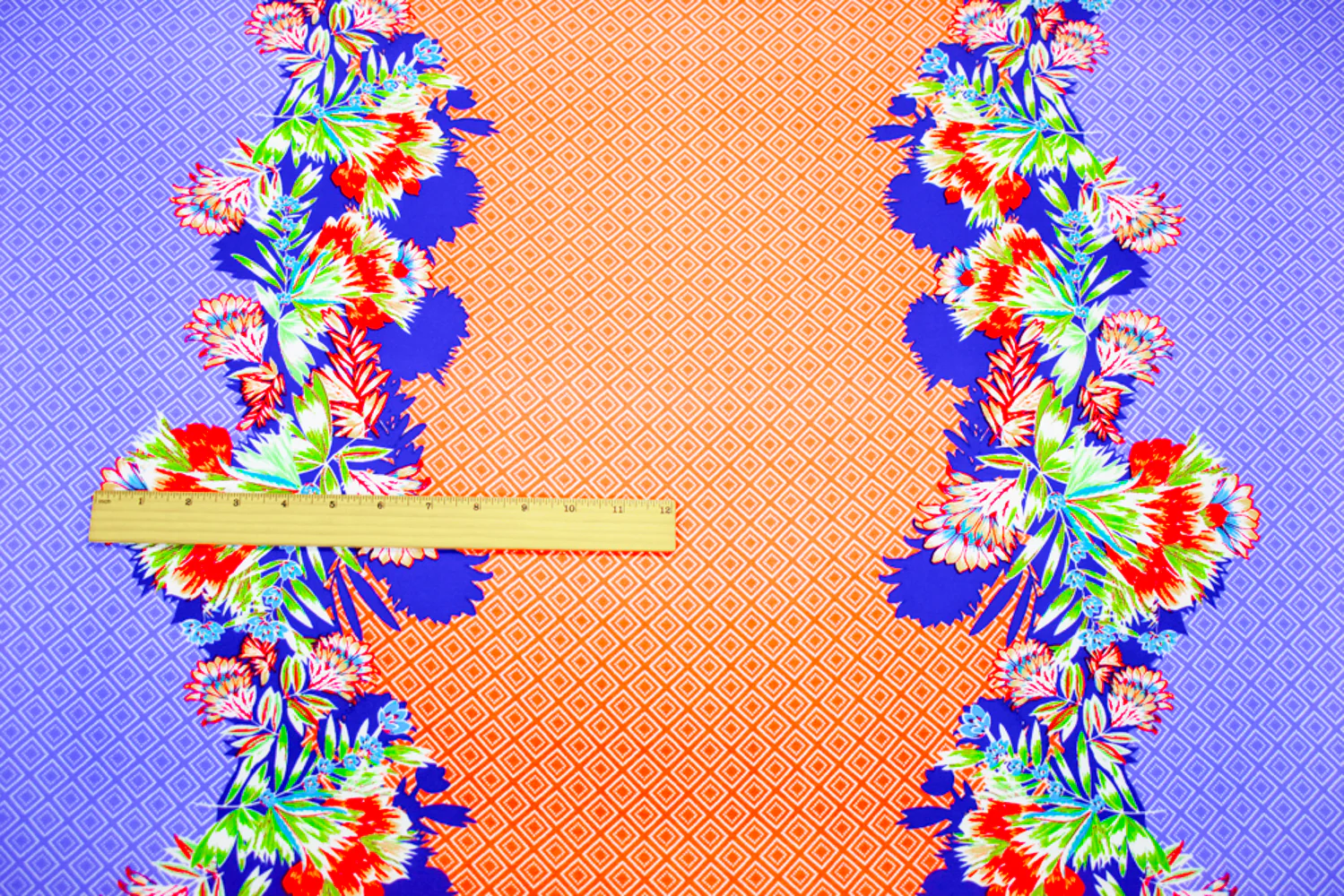 Blue-Coral-Multi Poly Border Floral Diamond Printed Crepe Woven Fabric - Image 4