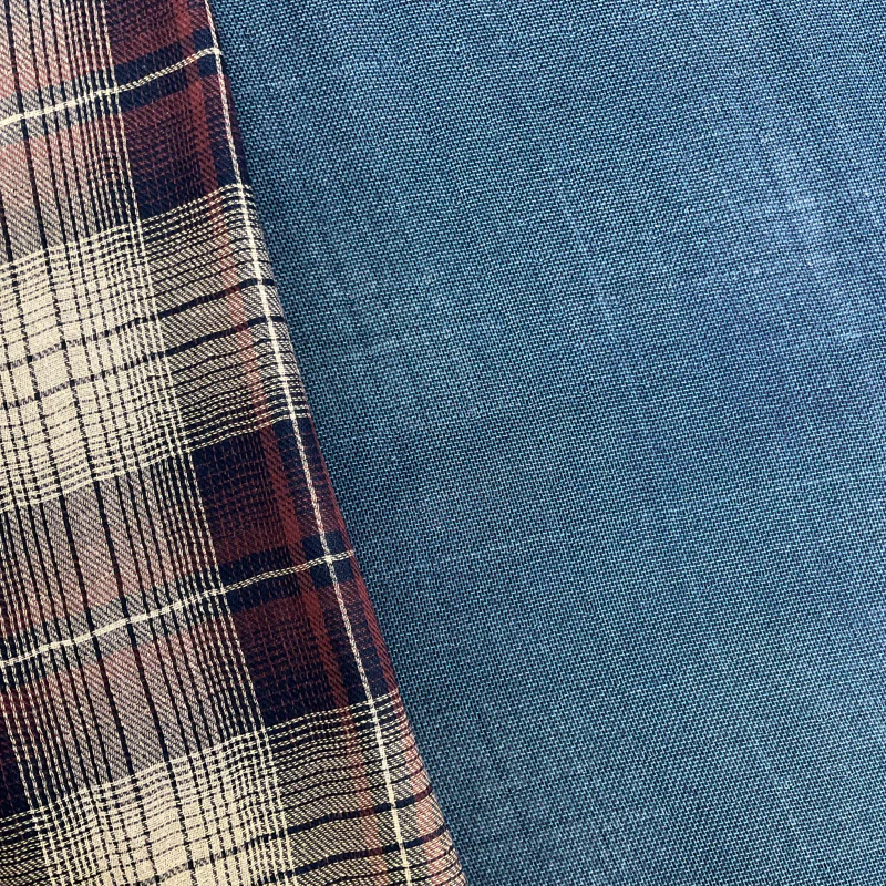 Blue Cotton-Linen Famous Maker Plaid Double Gauze Woven Fabric