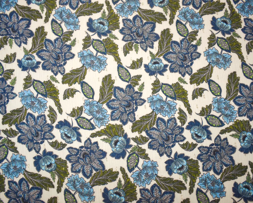 Blue-Gold-Multi Floral Printed Metallic Crinkle Yoryu Chiffon Woven Fabric - Image 2