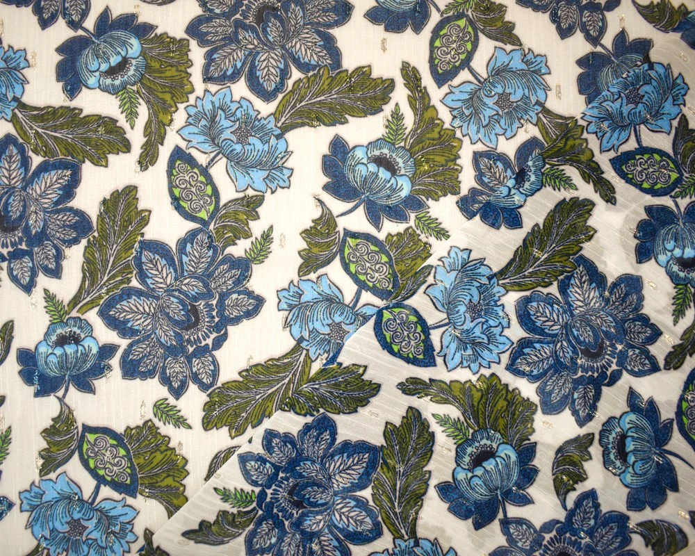 Blue-Gold-Multi Floral Printed Metallic Crinkle Yoryu Chiffon Woven Fabric - Image 3