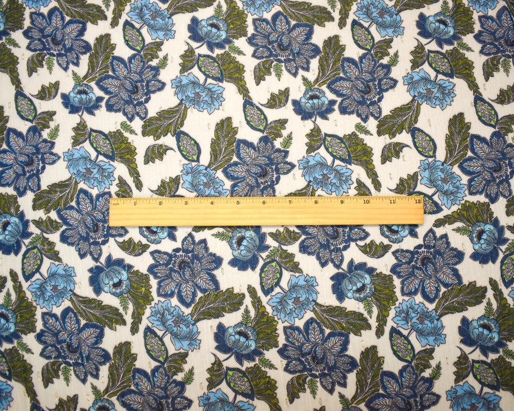 Blue-Gold-Multi Floral Printed Metallic Crinkle Yoryu Chiffon Woven Fabric - Image 4