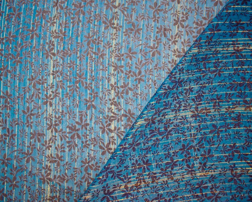 Blue-Gold-Multi Floral Printed Metallic Crinkle Yoryu Chiffon Woven Fabric - Image 2