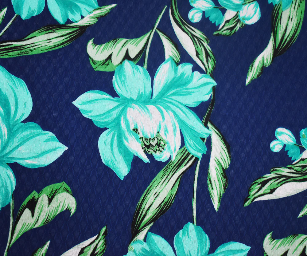 Blue-Green-Multi Floral Printed Ogee Texture Dobby Chiffon Woven Fabric - Image 3