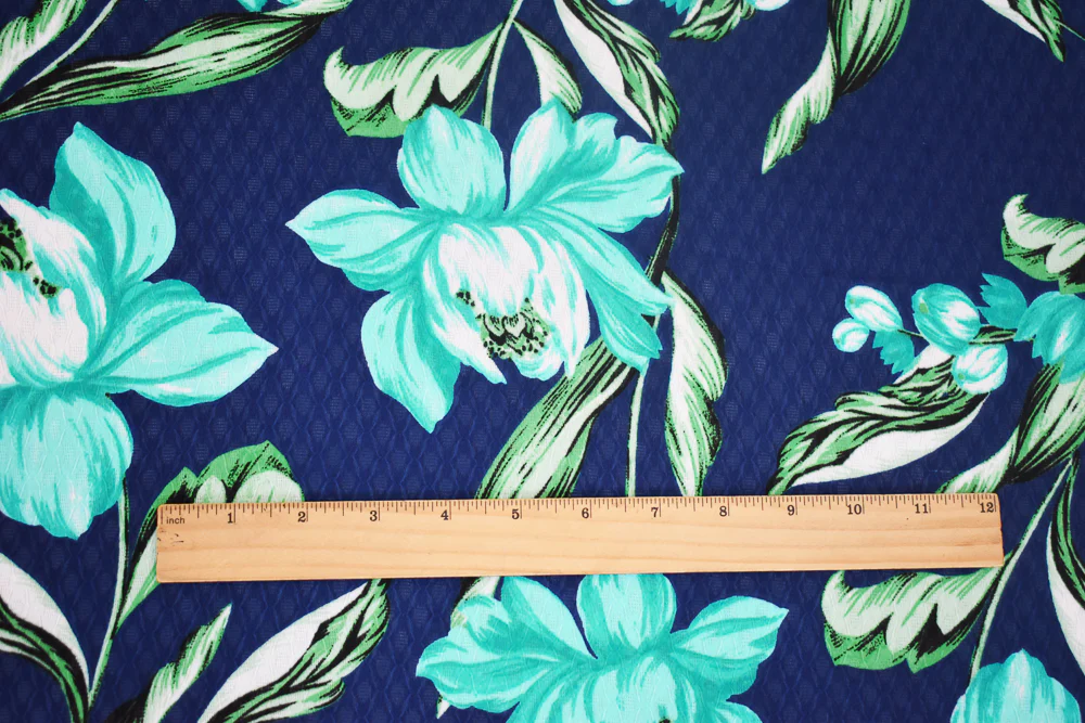 Blue-Green-Multi Floral Printed Ogee Texture Dobby Chiffon Woven Fabric - Image 4