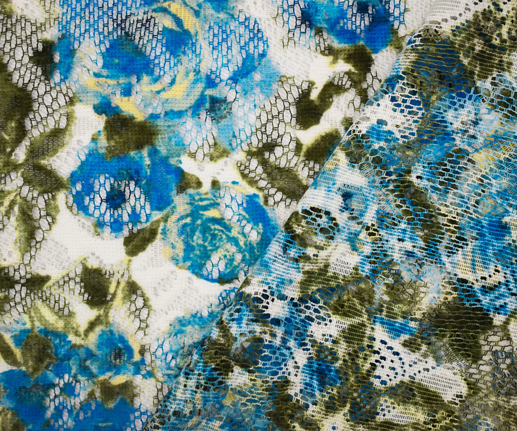 Blue-Green-Multi Poly Nylon Floral Printed Crochet Lace Mesh Knit Fabric - Image 2