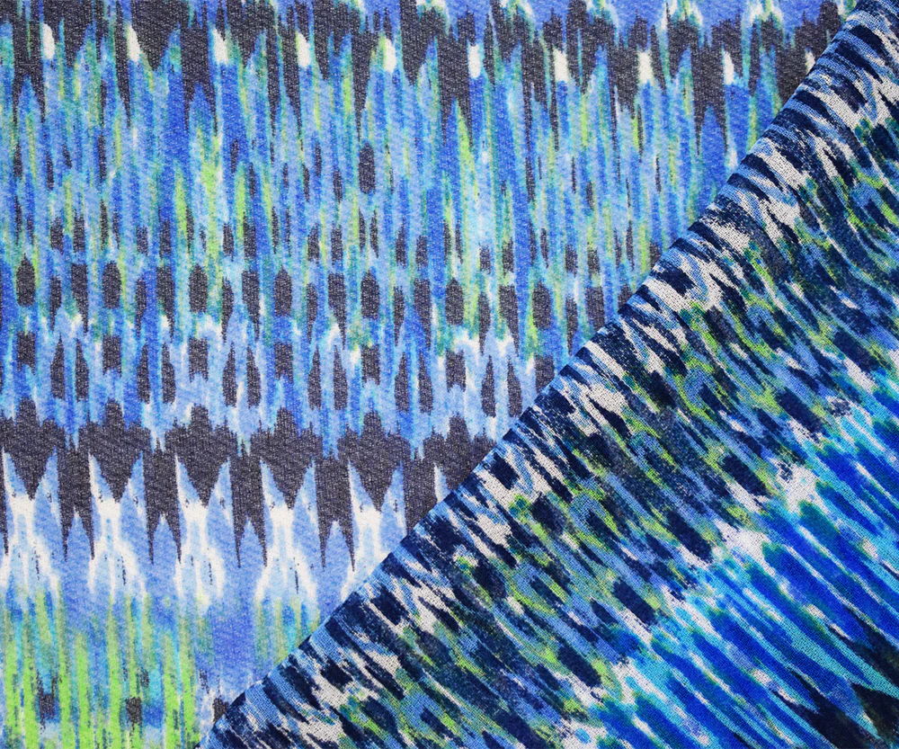 Blue-Green-Multi Polyester Aztec Ikat Printed Chiffon Woven Fabric - Image 3
