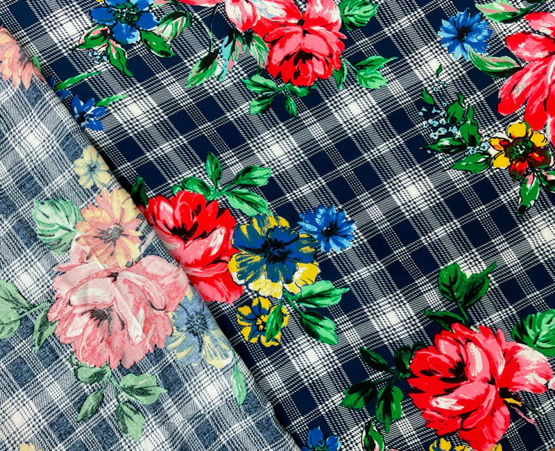 Blue-Green-Multi Rayon Floral Plaid Printed Challis Woven Fabric - Image 2