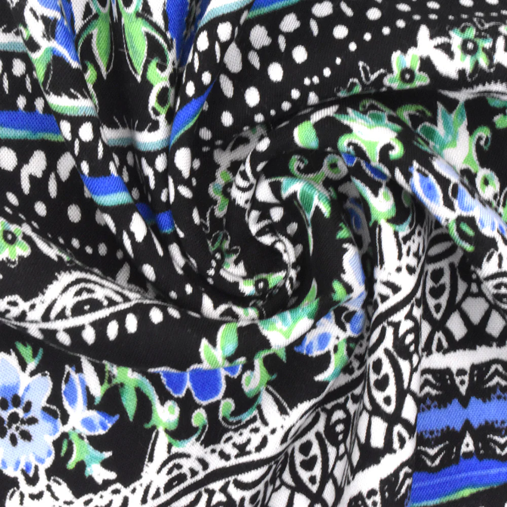 Blue-Green-Multi Stripe Floral Printed Rayon Challis Woven Fabric - Image 2