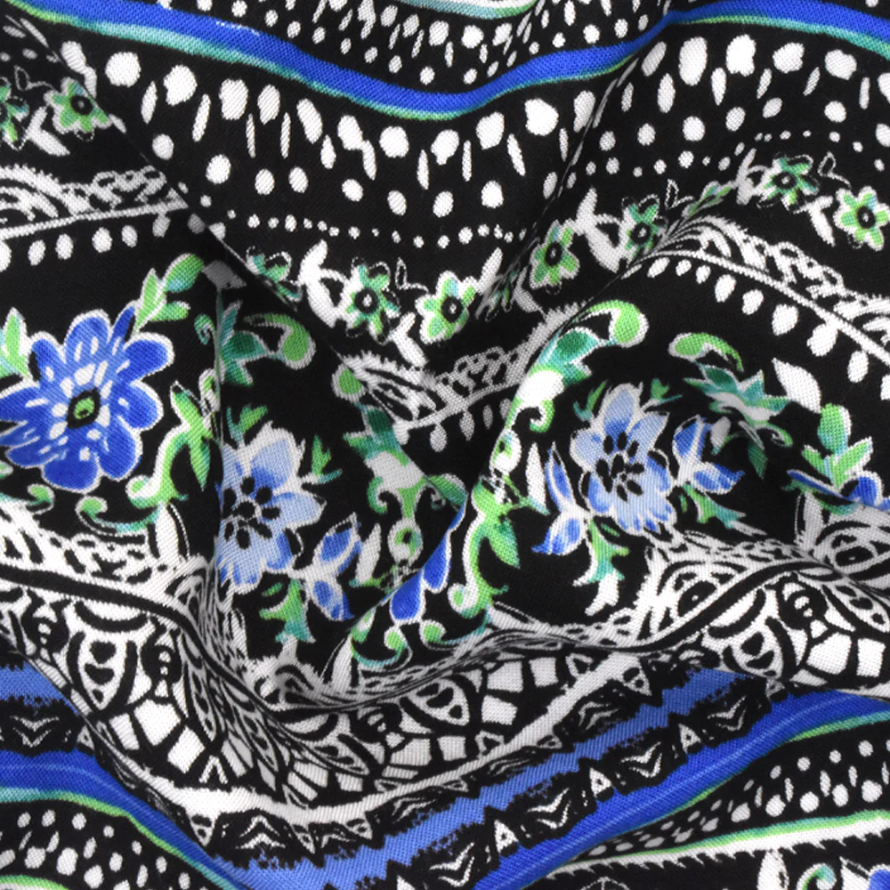 Blue-Green-Multi Stripe Floral Printed Rayon Challis Woven Fabric - Image 3