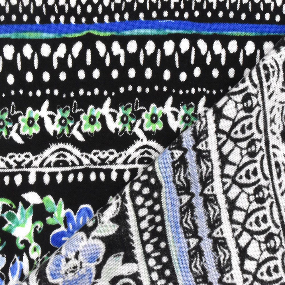 Blue-Green-Multi Stripe Floral Printed Rayon Challis Woven Fabric - Image 4