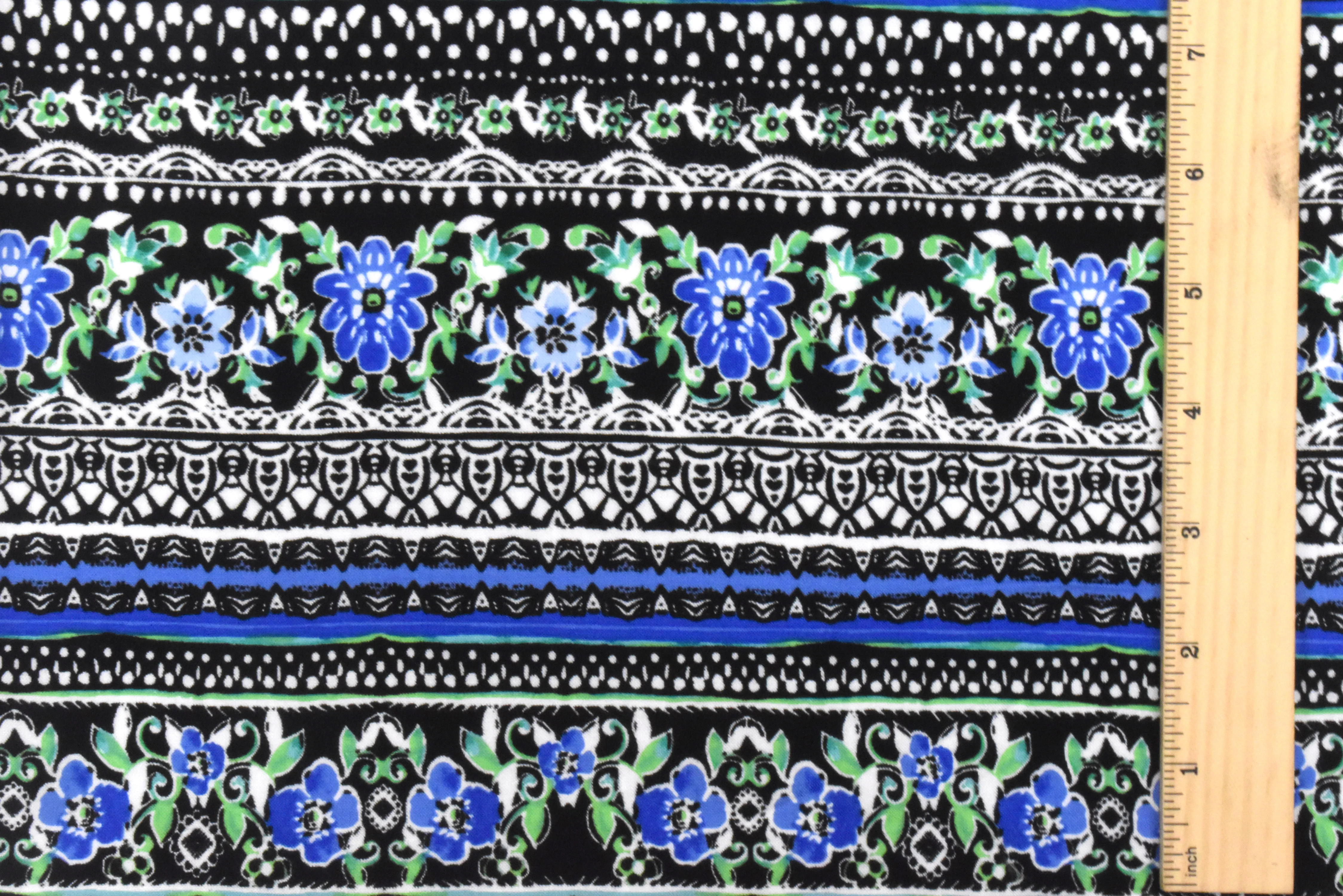 Blue-Green-Multi Stripe Floral Printed Rayon Challis Woven Fabric - Image 5