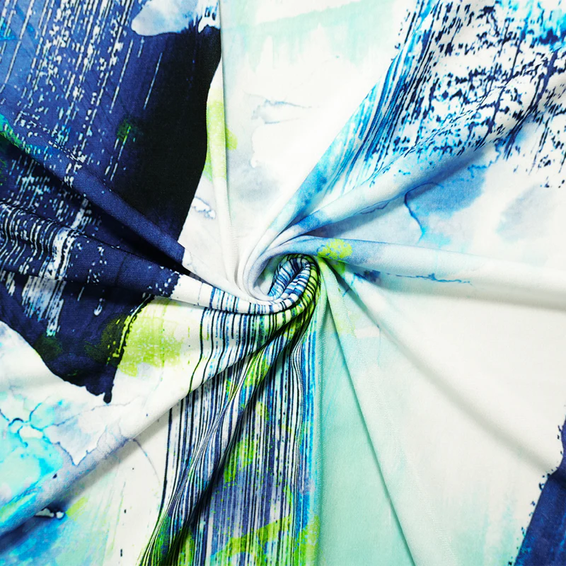 Blue-Green-White Poly Stretch Abstract Printed ITY Jersey Knit Fabric
