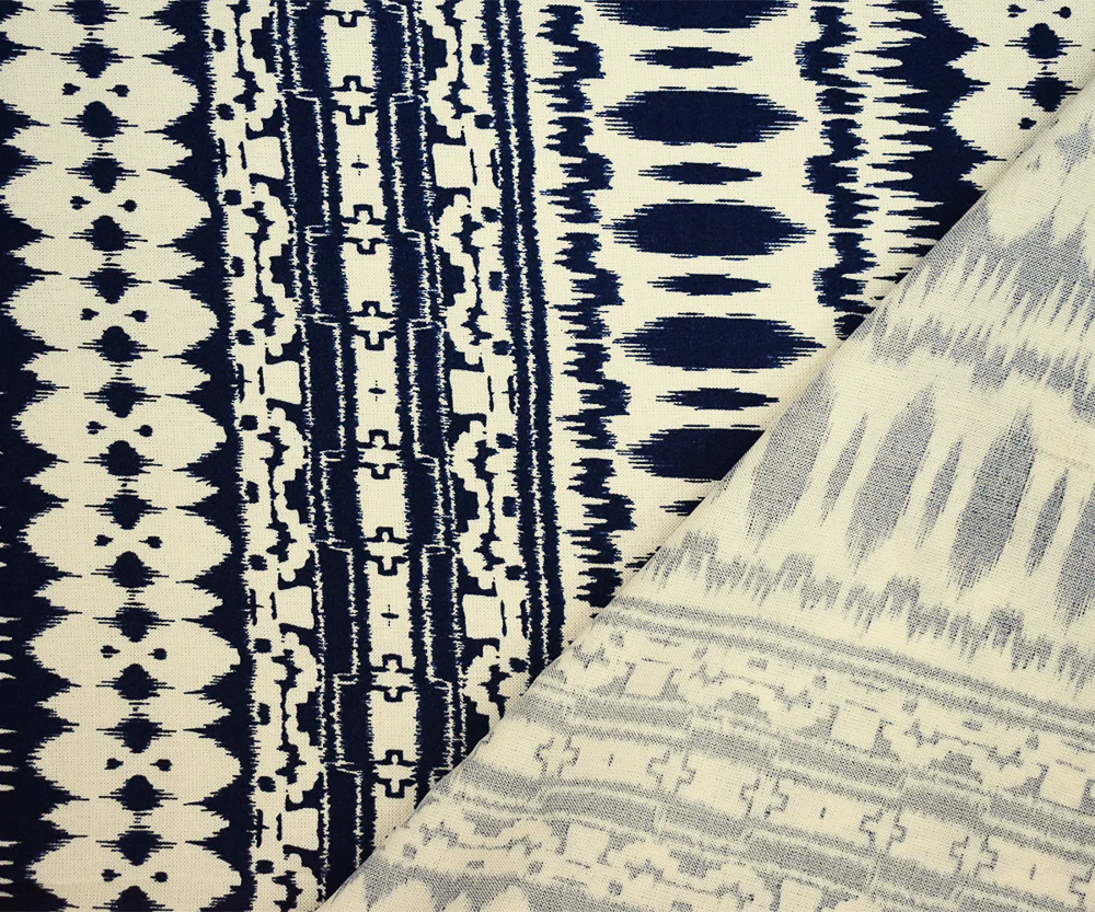 Blue-Ivory Ikat Striped Printed Rayon Challis Woven Fabric - Image 3