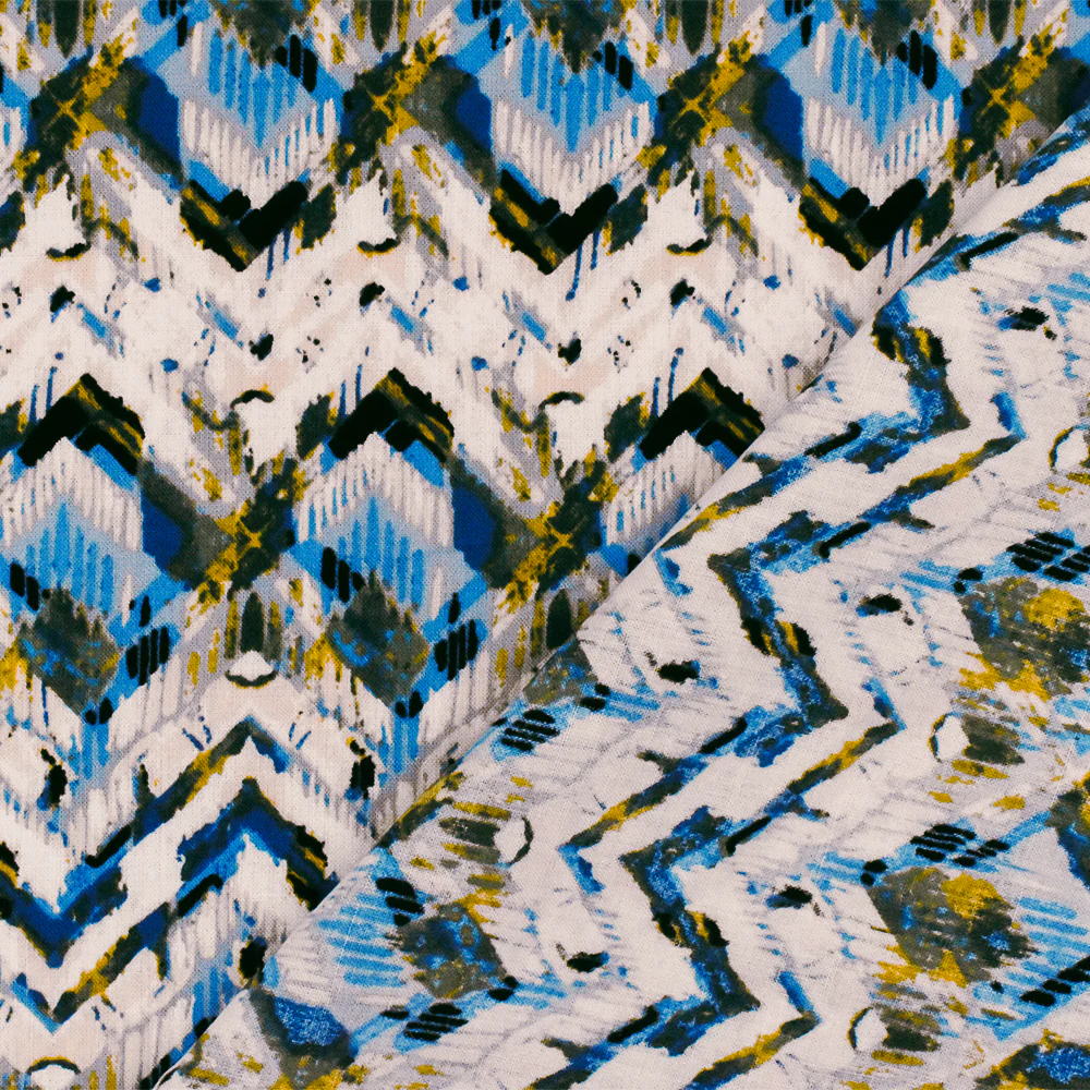 Blue-Ivory-Multi Abstract Chevron Rayon Challis Woven Fabric - Image 2