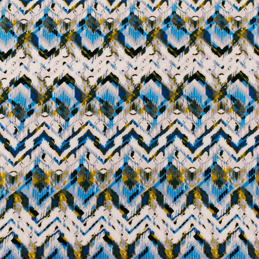 Blue-Ivory-Multi Abstract Chevron Rayon Challis Woven Fabric - Image 3