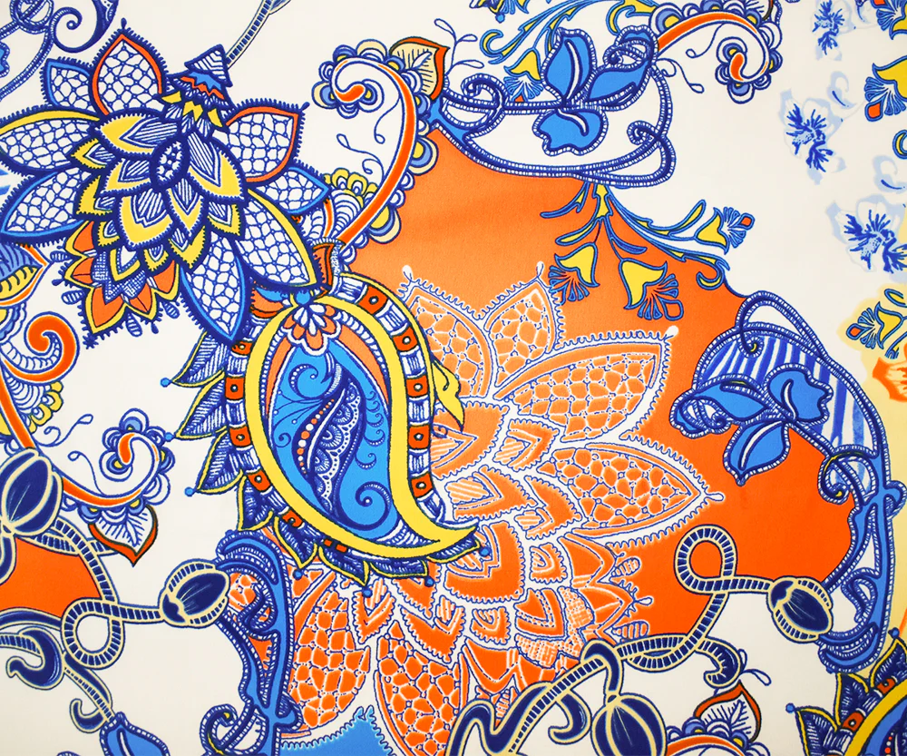 Blue-Ivory-Multi Poly Paisely Floral Print Pebble Crepe Woven Fabric - Image 3