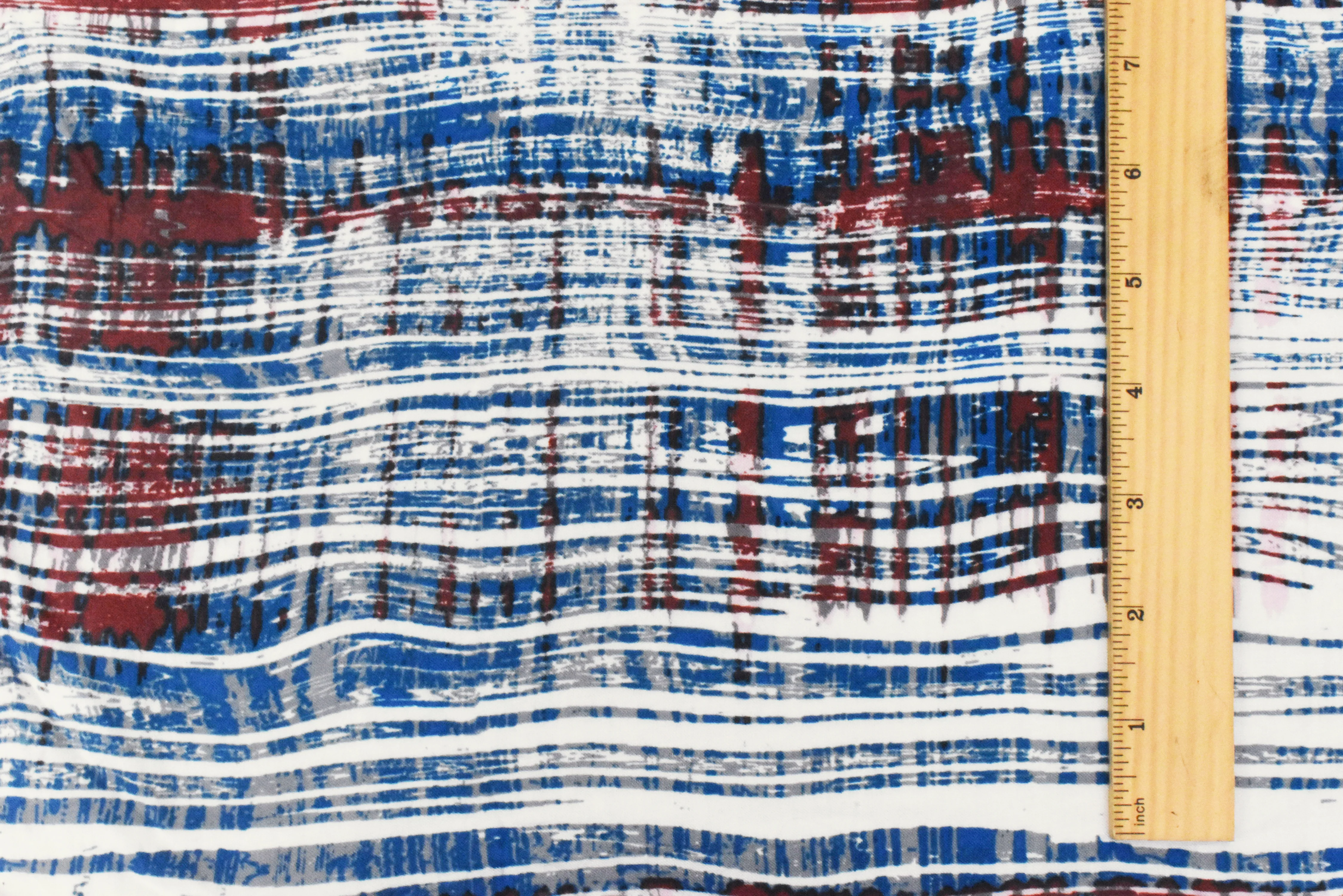 Blue-Maroon-Multi Abstract Printed Rayon Challis Woven Fabric - Image 4