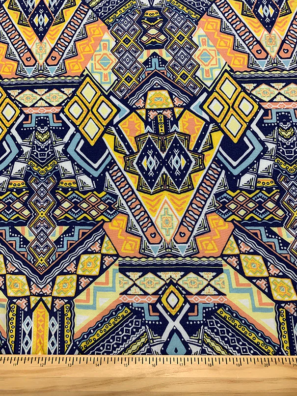 Blue Multi Aztec Print Rayon Challis Fabric - Image 3