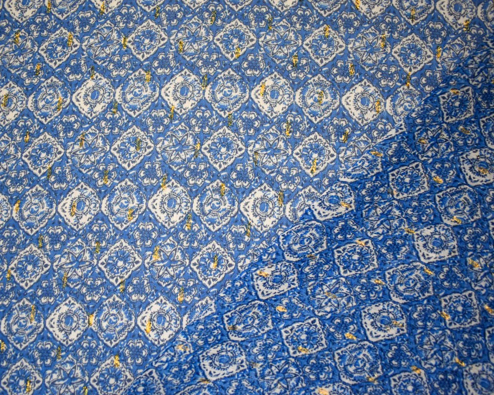 Blue-Multi Diamond Floral Printed Metallic Crinkle Yoryu Chiffon Woven Fabric - Image 2