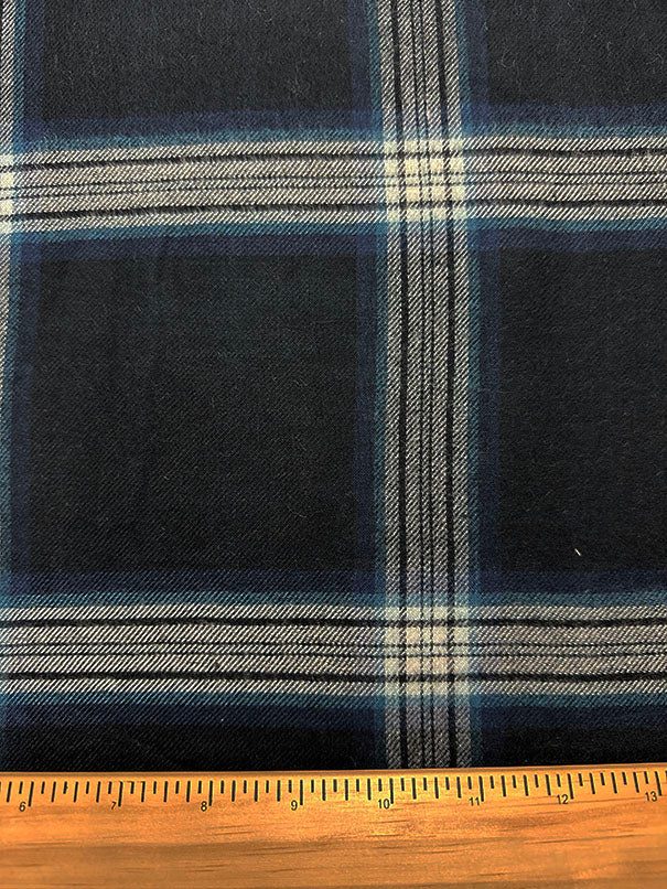 Blue Multi Plaid Single Sided Rayon Wool Flannel Shirting Fabric - Image 3