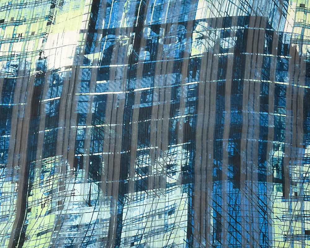 Blue-Multi Poly Abstract Print Satin Stripe Chiffon Woven Fabric - Image 3