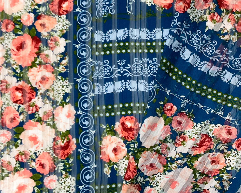 Blue-Multi Poly Floral Print Striped Satin Chiffon Woven Fabric - Image 2