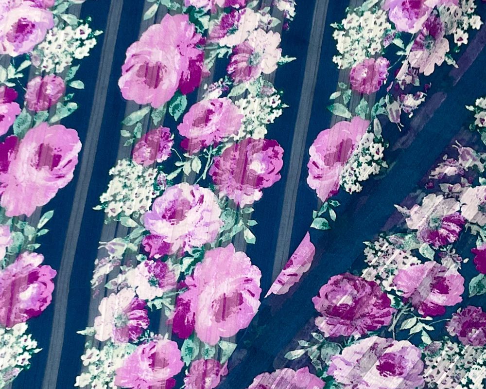 Blue-Multi Poly Floral Printed Satin Stripe Chiffon Woven Fabric - Image 2