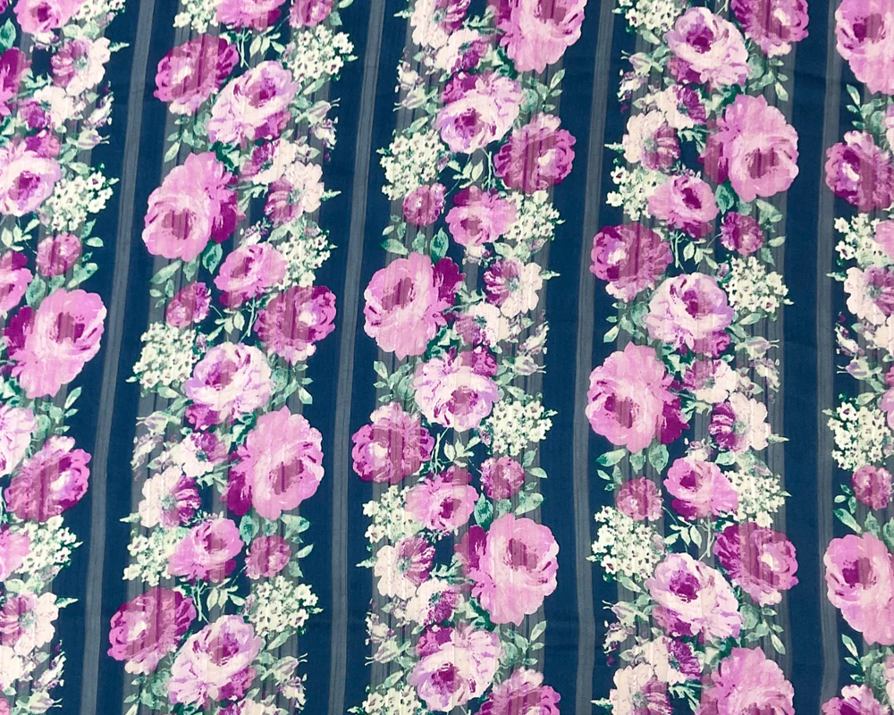 Blue-Multi Poly Floral Printed Satin Stripe Chiffon Woven Fabric - Image 3