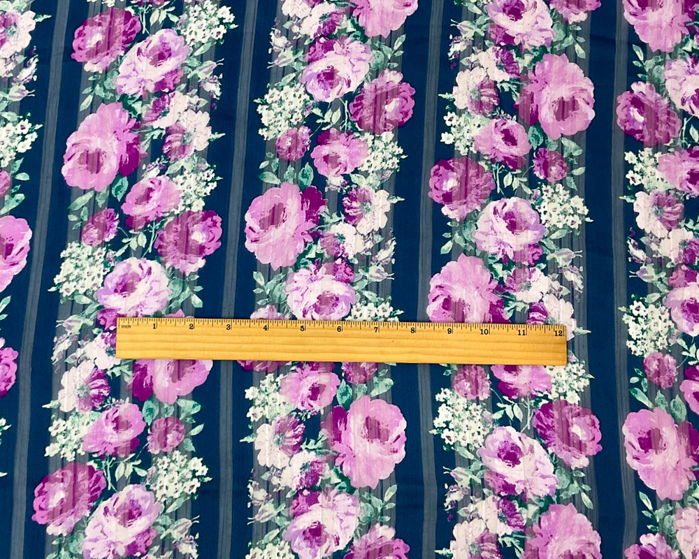 Blue-Multi Poly Floral Printed Satin Stripe Chiffon Woven Fabric - Image 4