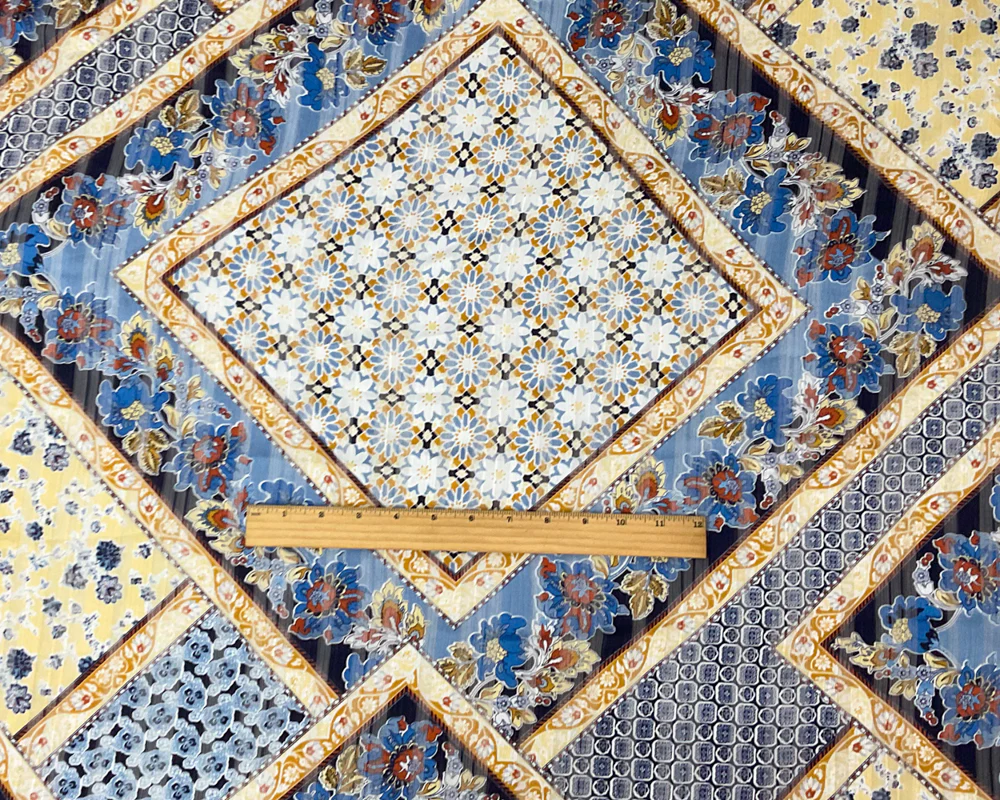 Blue-Multi Poly Floral Printed Satin Stripe Chiffon Woven Fabric - Image 4