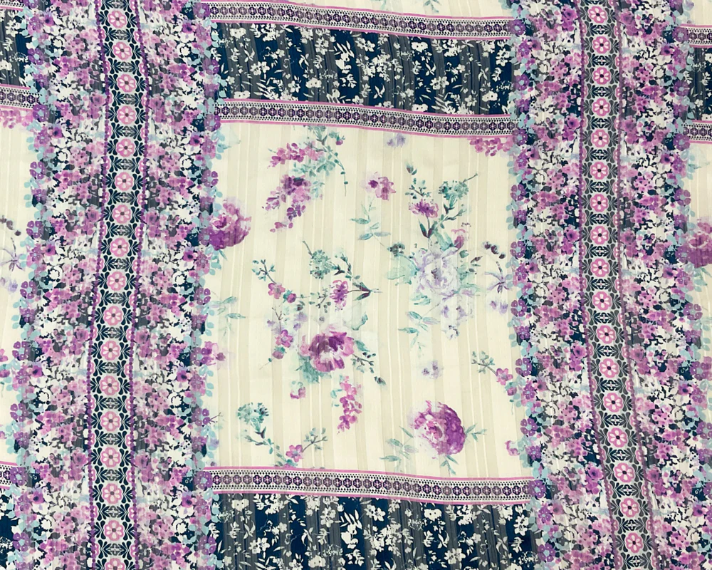 Blue-Multi Poly Floral Printed Satin Stripe Chiffon Woven Fabric - Image 3