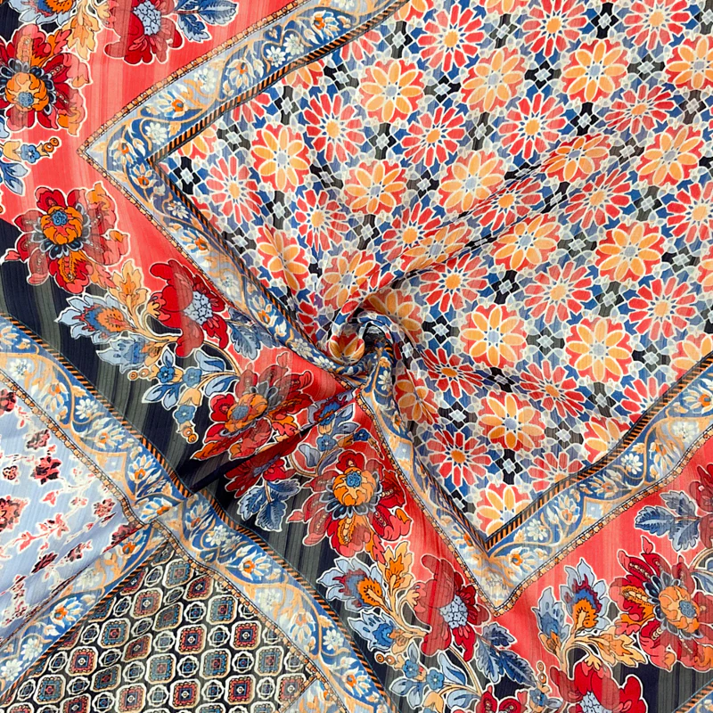 Blue-Multi Poly Floral Printed Satin Stripe Chiffon Woven Fabric