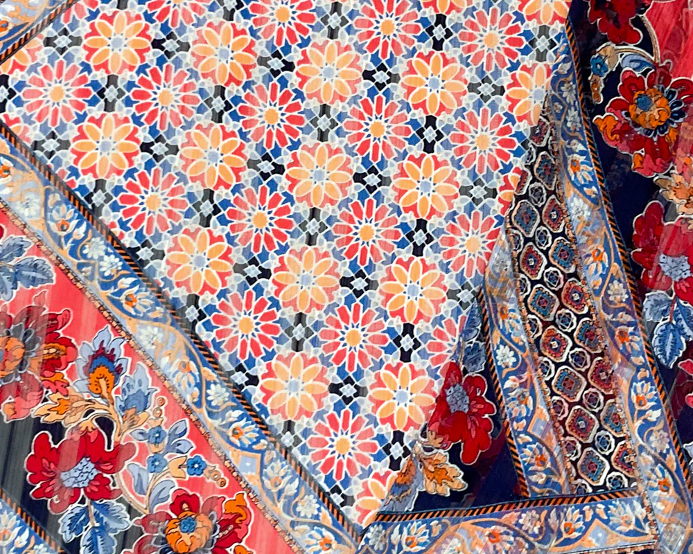 Blue-Multi Poly Floral Printed Satin Stripe Chiffon Woven Fabric - Image 2