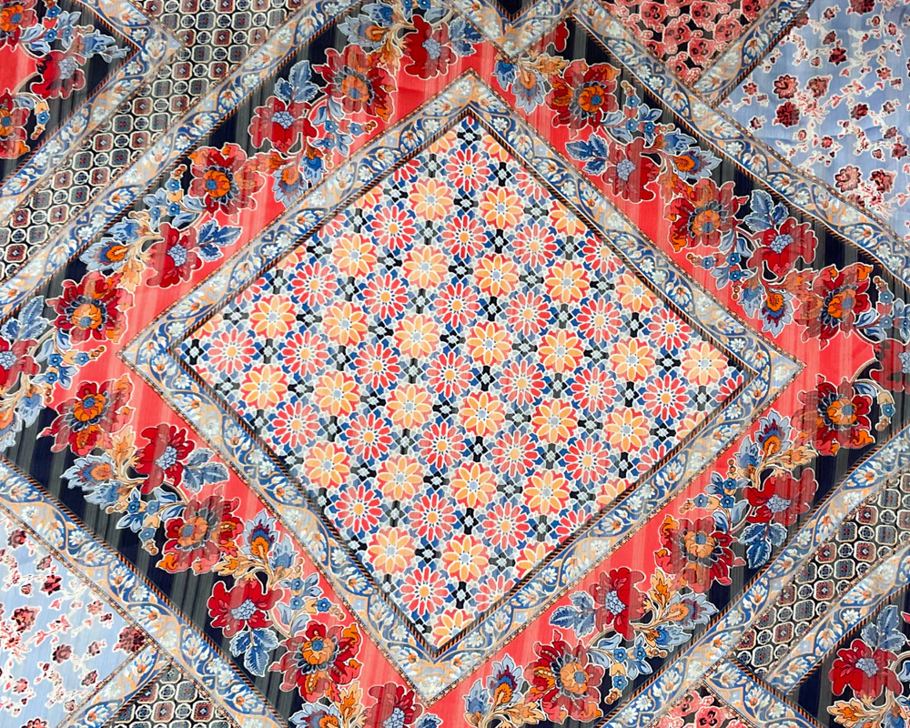 Blue-Multi Poly Floral Printed Satin Stripe Chiffon Woven Fabric - Image 3