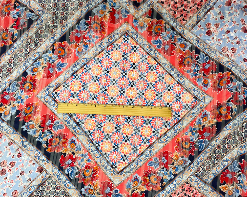 Blue-Multi Poly Floral Printed Satin Stripe Chiffon Woven Fabric - Image 4